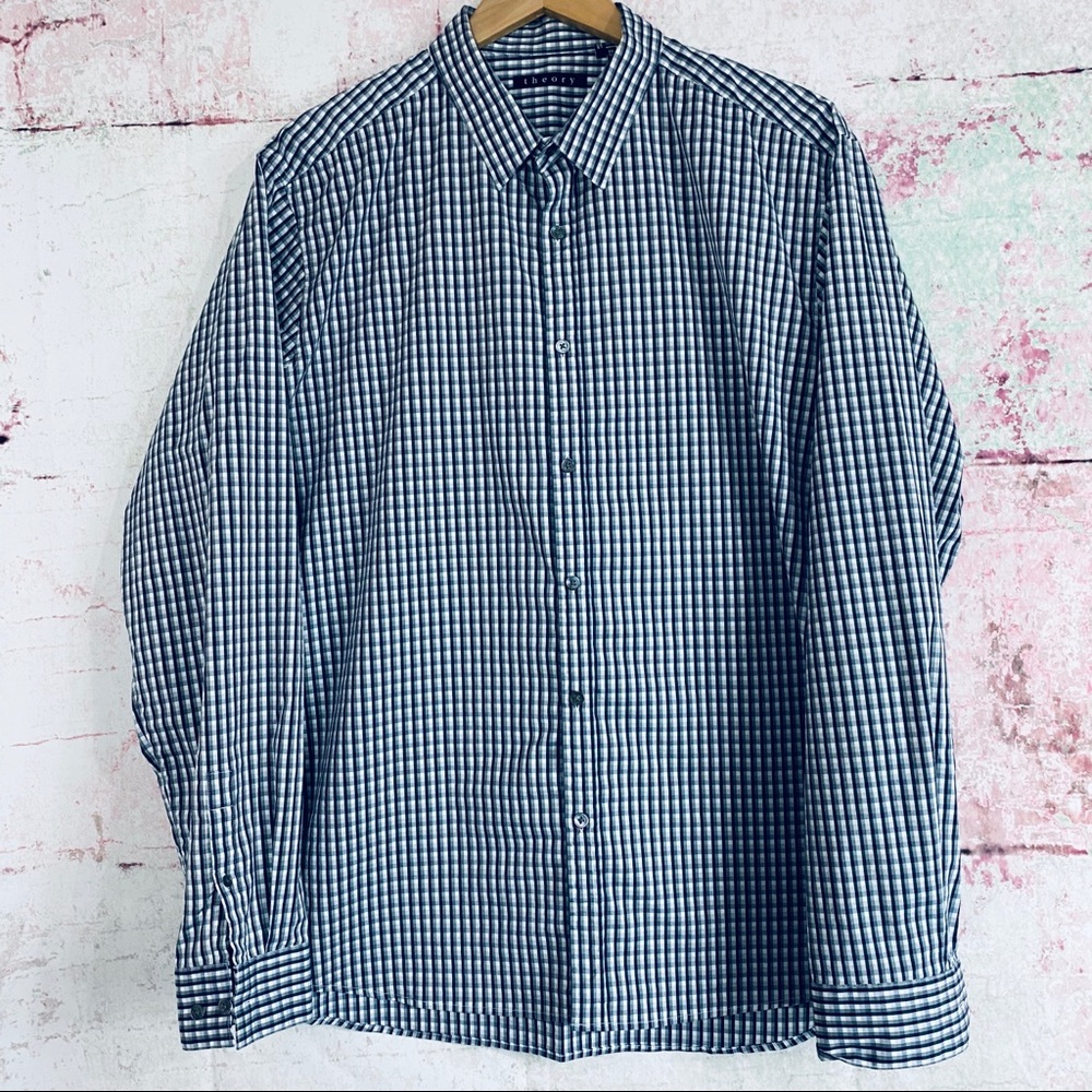 Theory Mens Zack PS Gressenhall Gingham Button Down Shirt XXL Navy Blue F0174518